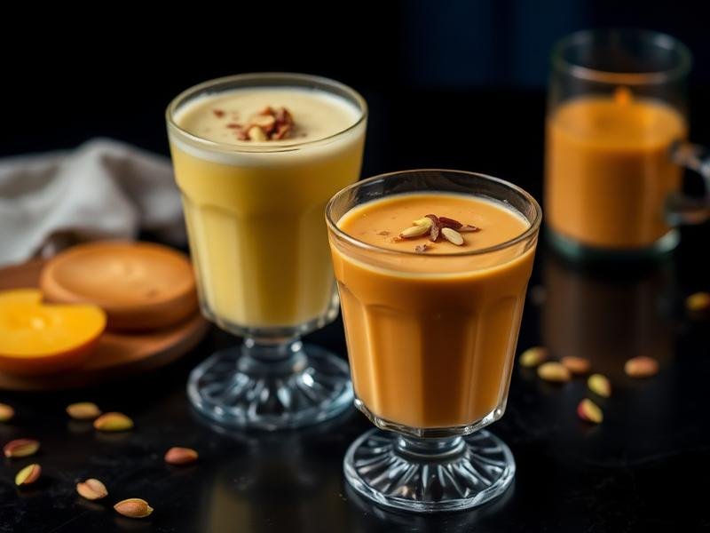 Mango lassi and masala chai in glasses