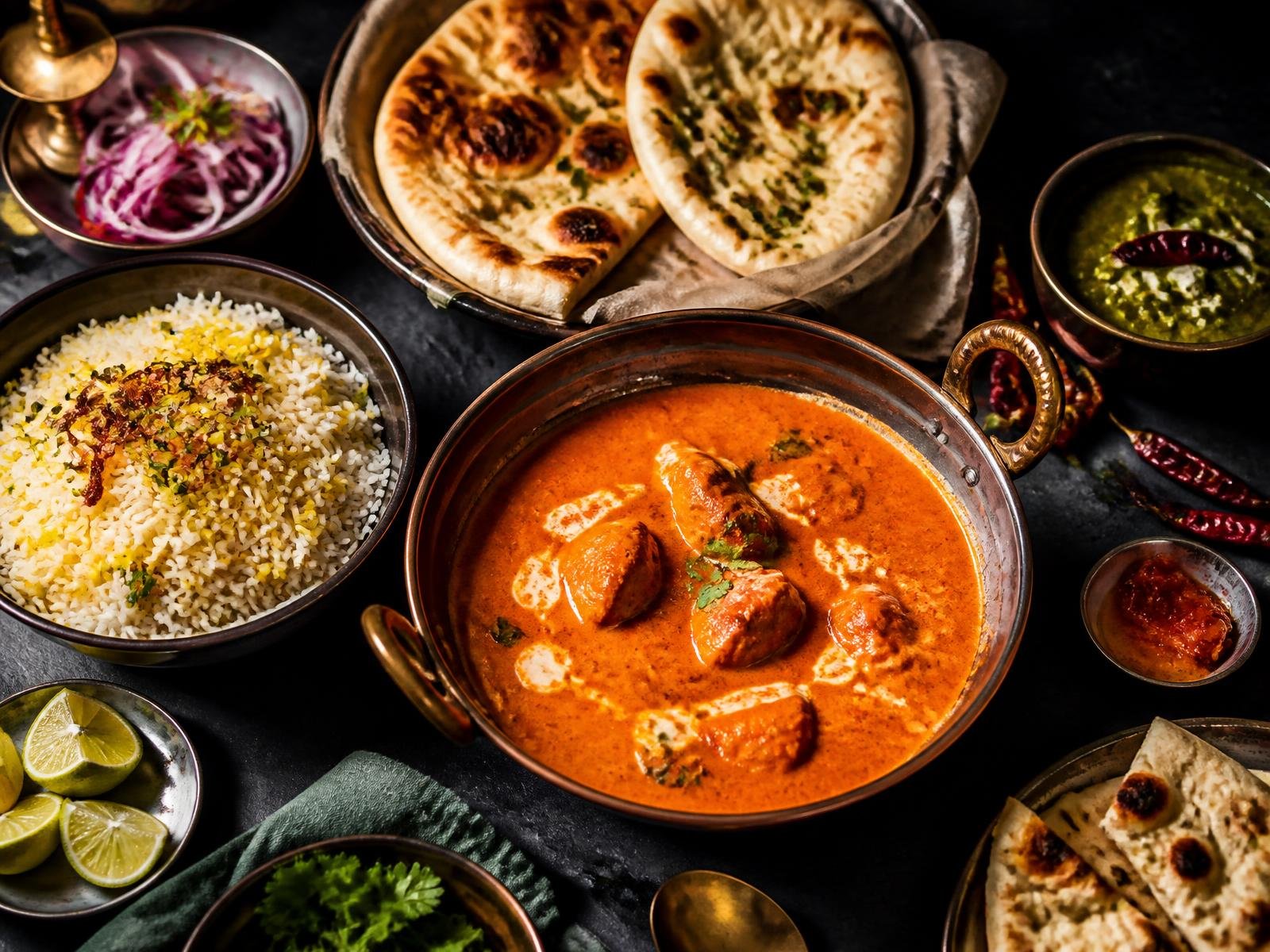 Overhead spread of Indian dishes including butter chicken, naan and saffron rice